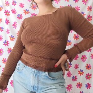 Dark Brown Crochet Detail Boho Fairy Bell Sleeve Top